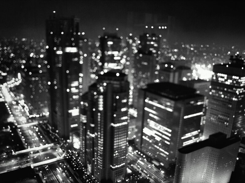 Nighttime City Skyline — Black, Dramatic, Night, Photograph, Skyscrapers, Streets, Lights, White, Gray