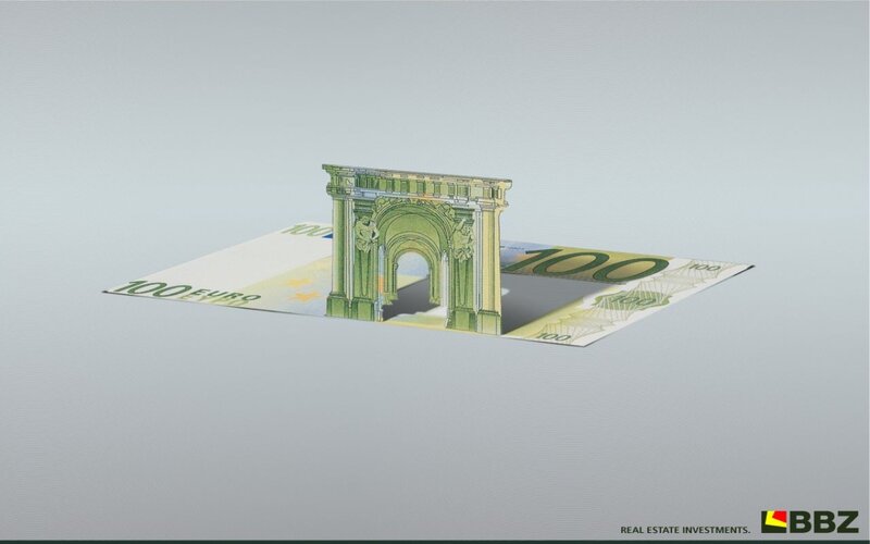 100 Euro bill with arch sculpture