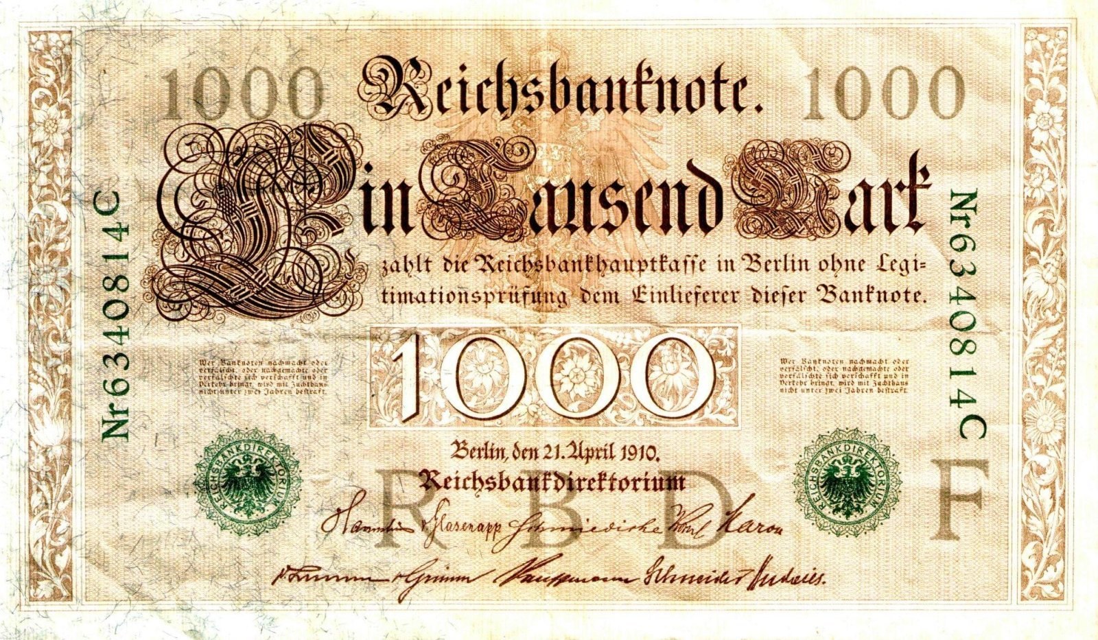 1910 German 1000 Mark Banknote