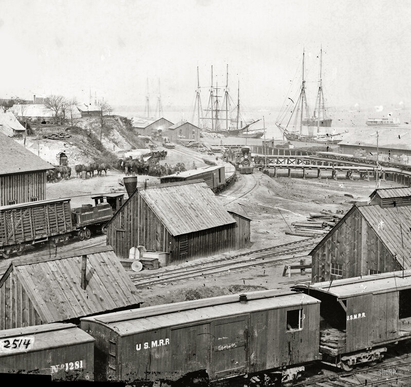 19th-century port with steam trains