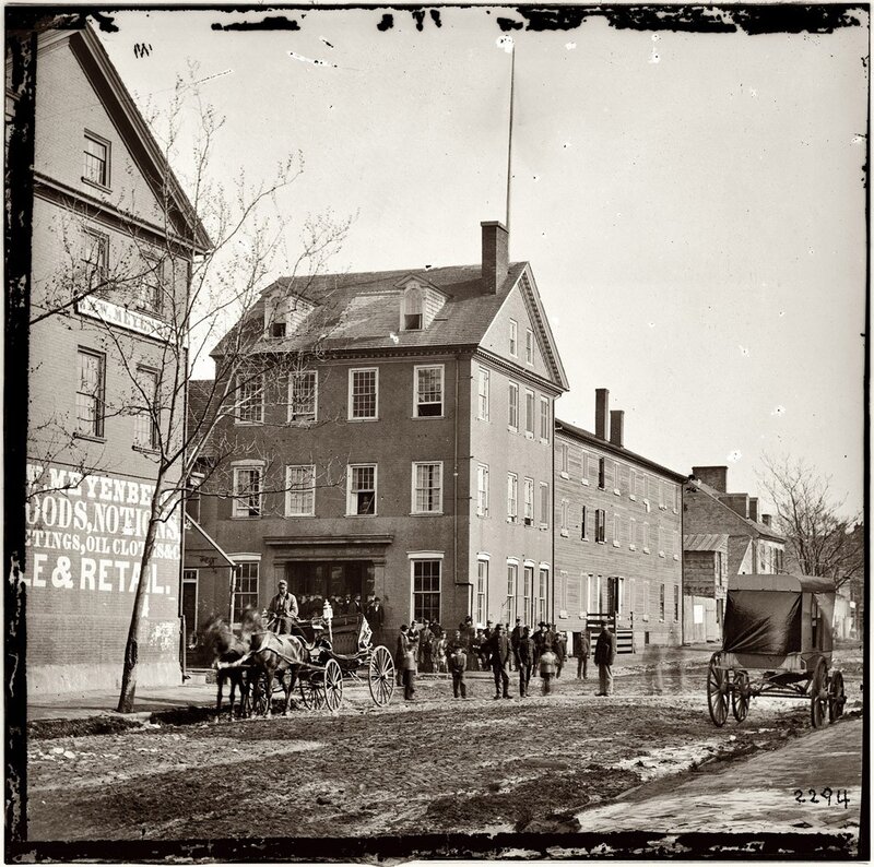 19th-century street scene with buildings