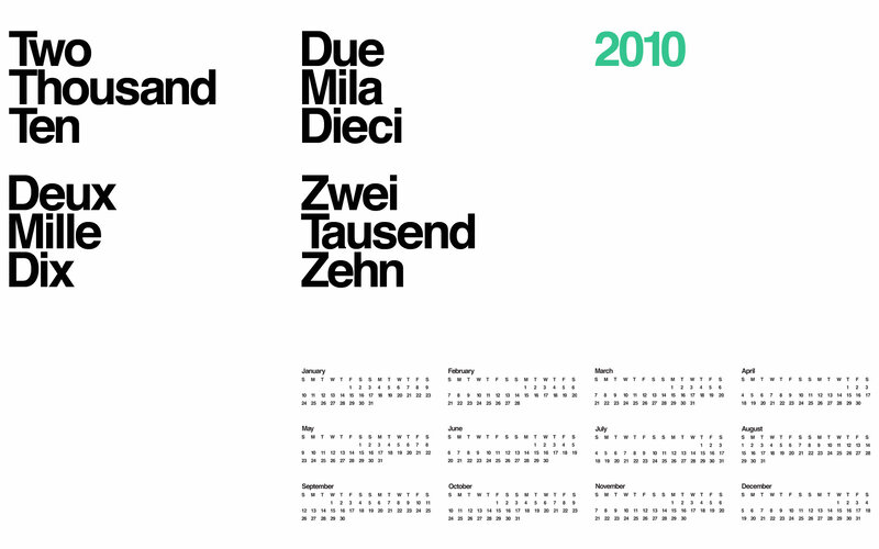2010 calendar with multilingual text