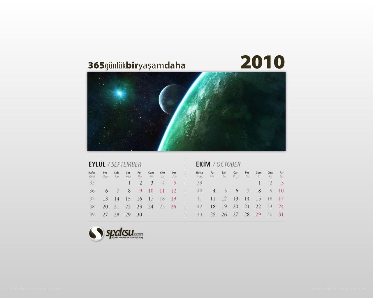 2010 calendar with space image