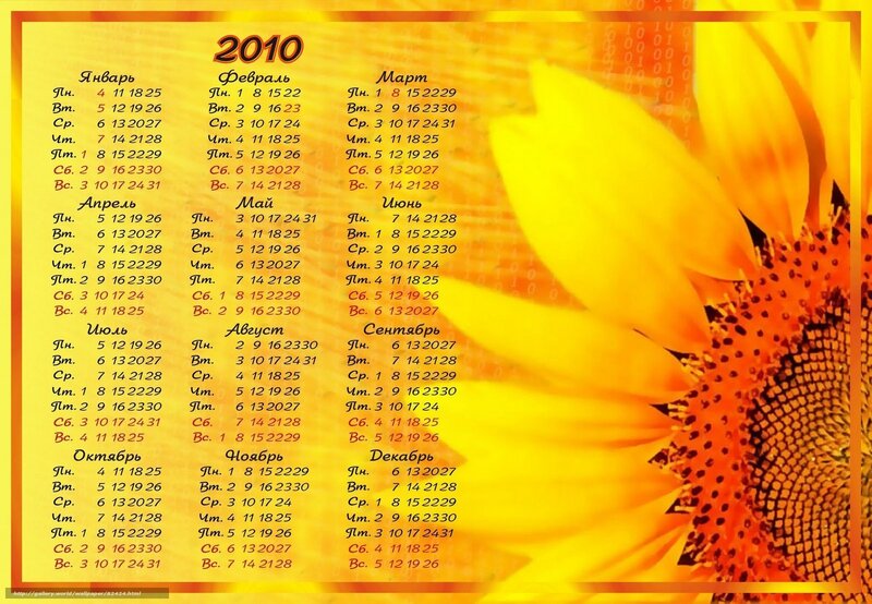 2010 calendar with sunflower