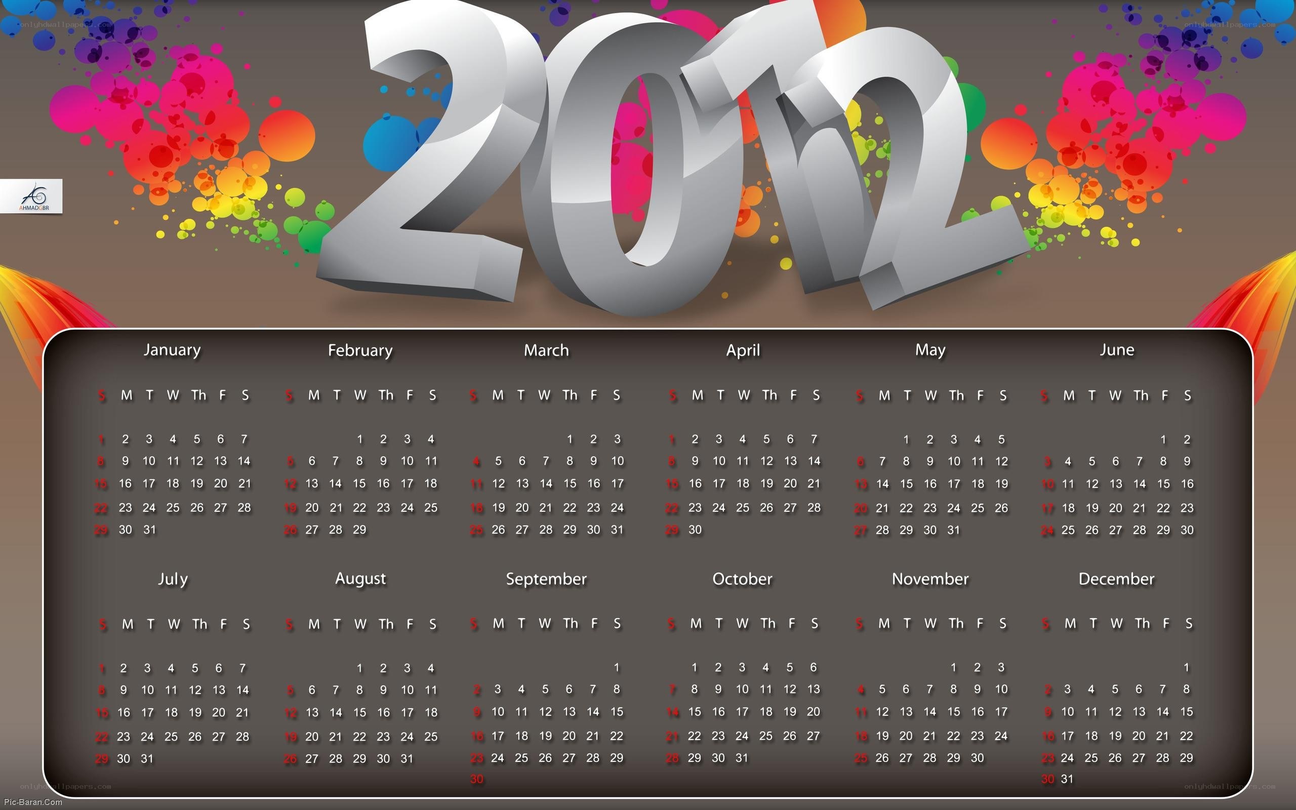 2012 calendar with colorful design