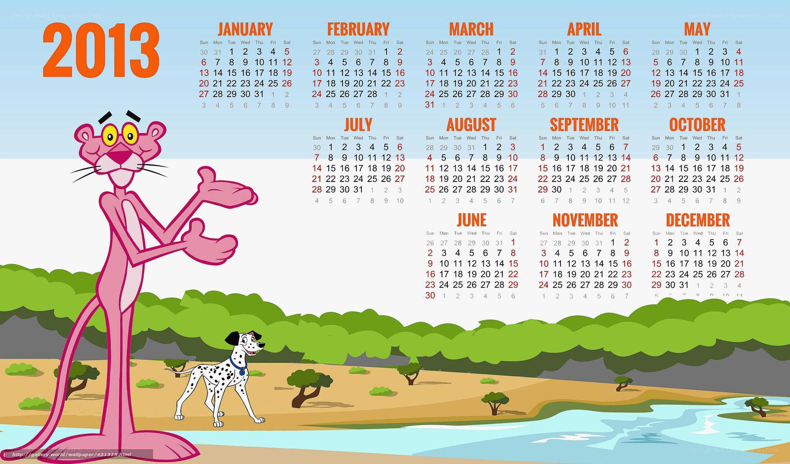 2013 calendar with cartoon characters