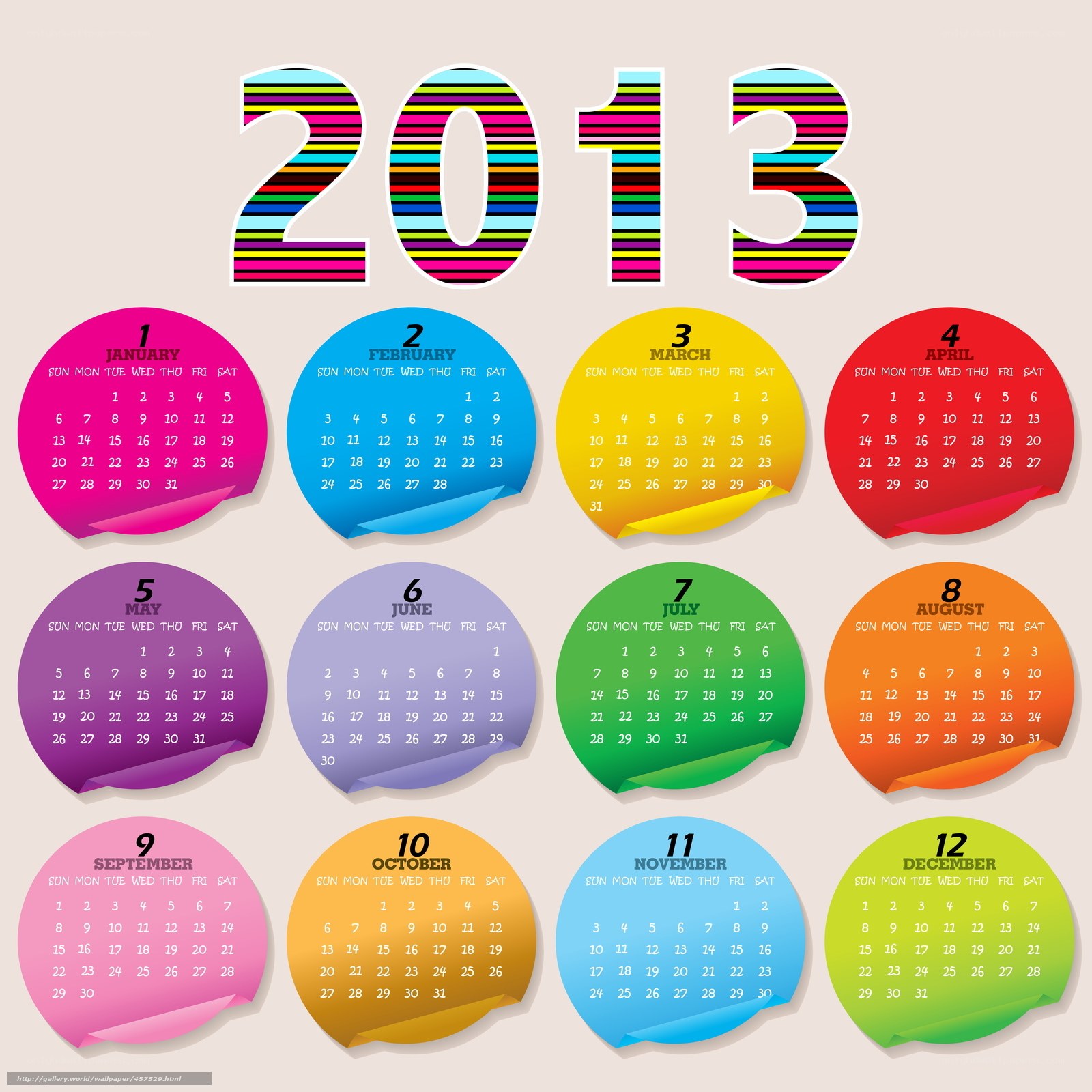 2013 calendar with colorful months