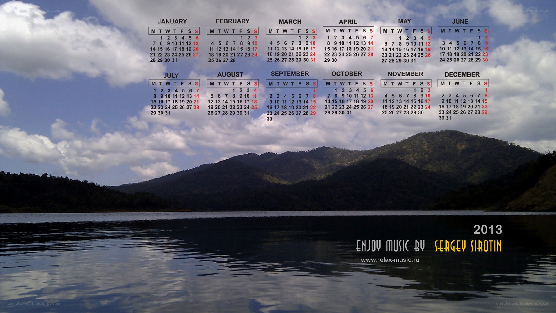 2013 calendar with lake view