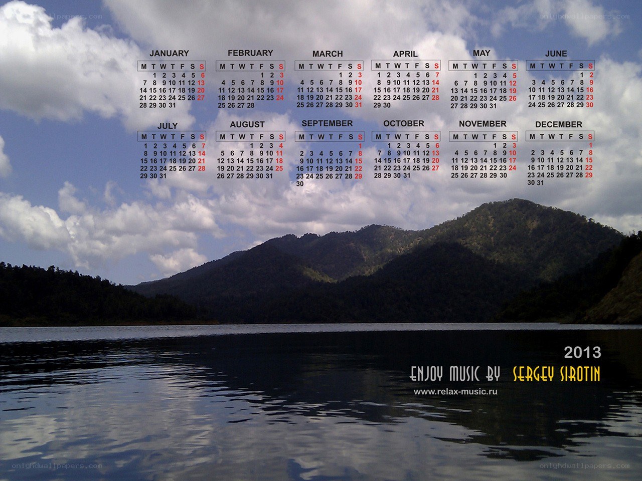 2013 calendar with lake view