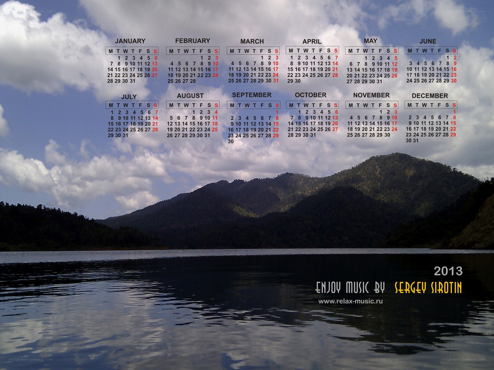 2013 calendar with lake view