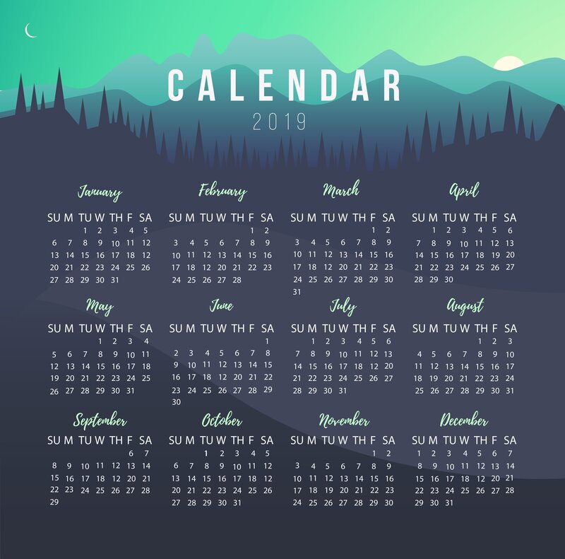 2019 Calendar with Mountains