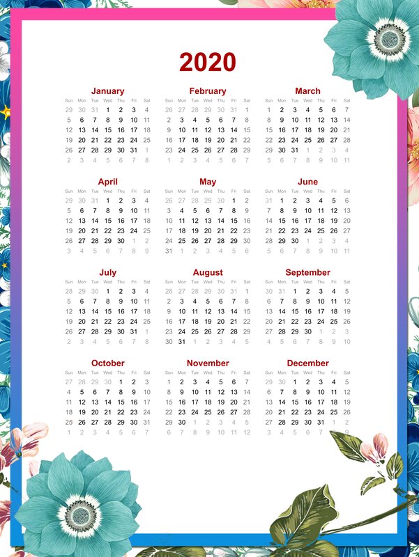 2020 Calendar with Flowers — Blue