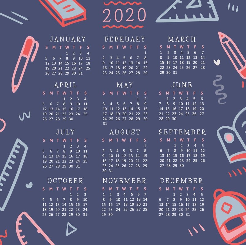 2020 Calendar with School Supplies
