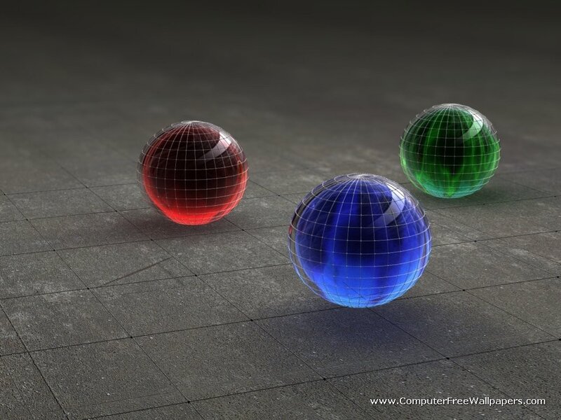 3 colored spheres on tiled floor