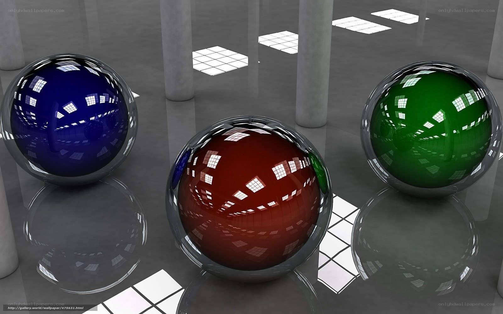 3 reflective spheres in a hall