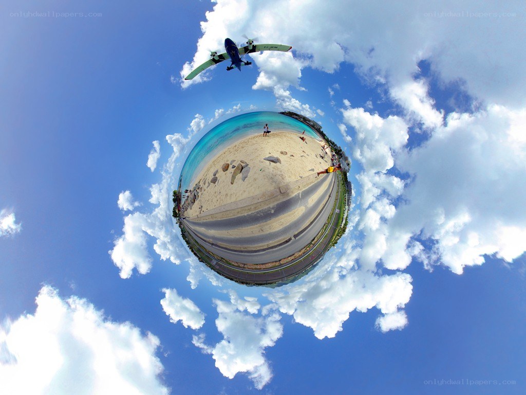 360-degree beach scene with airplane