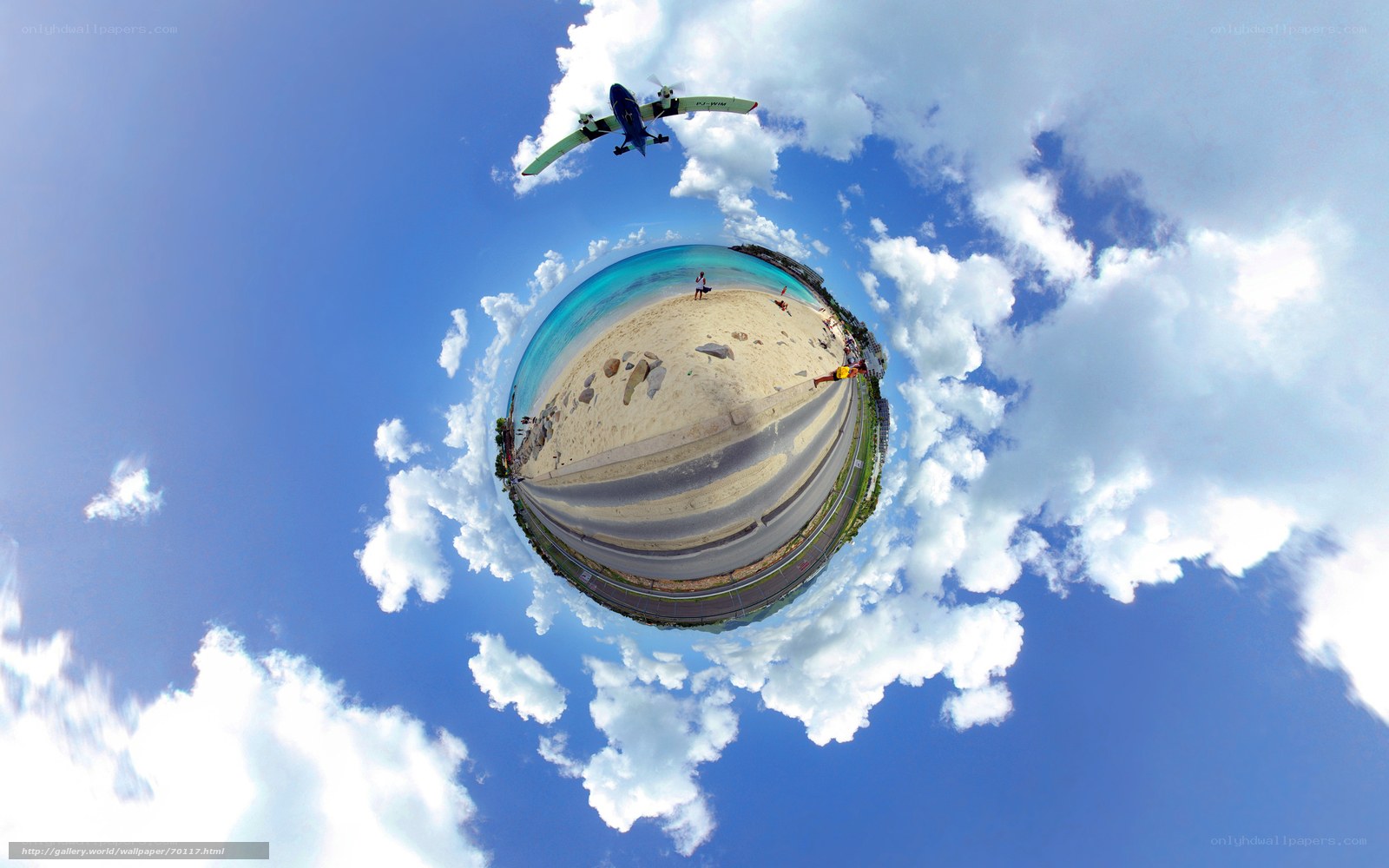 360-degree beach scene with airplane