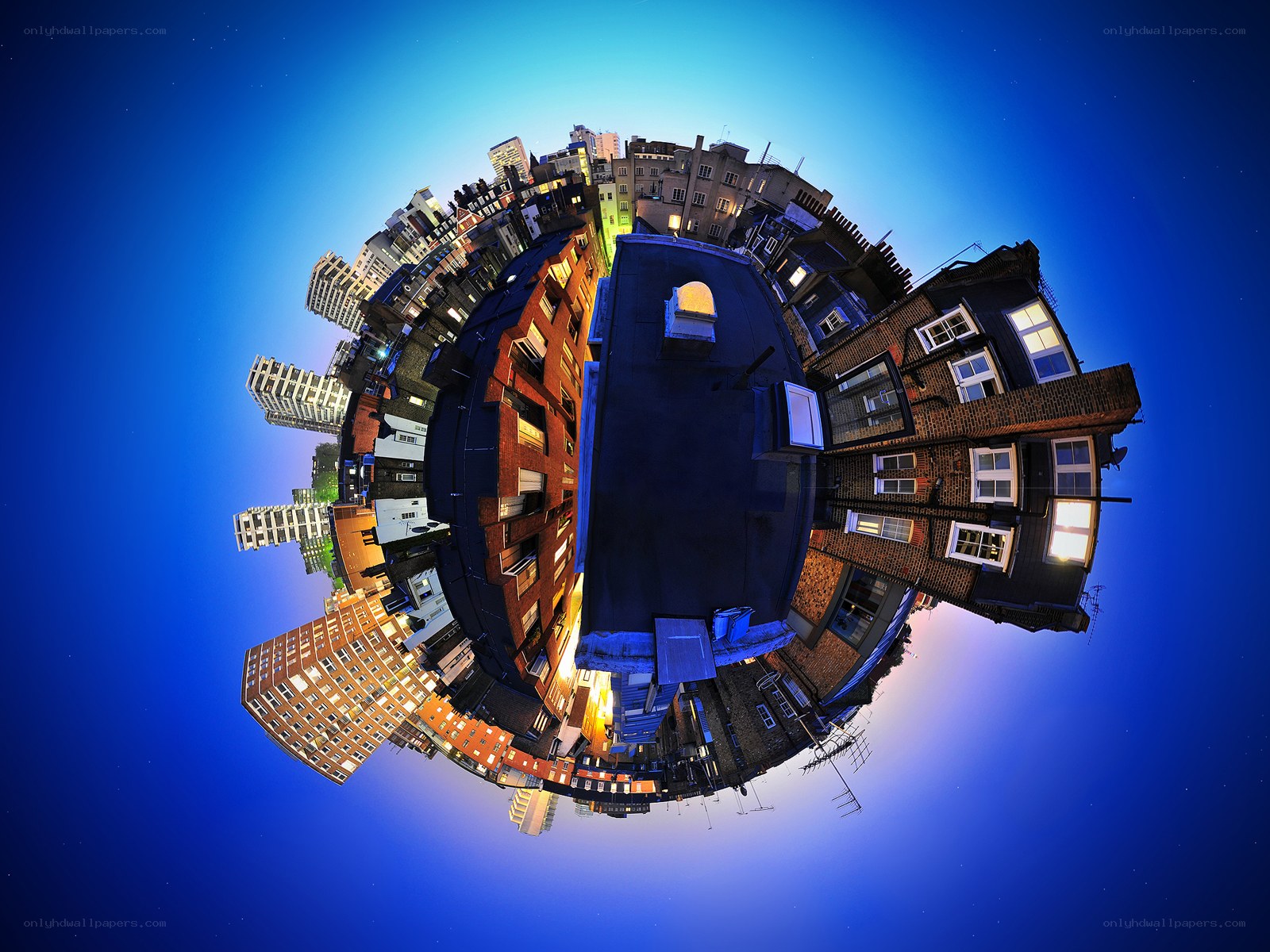 360-degree cityscape at dusk