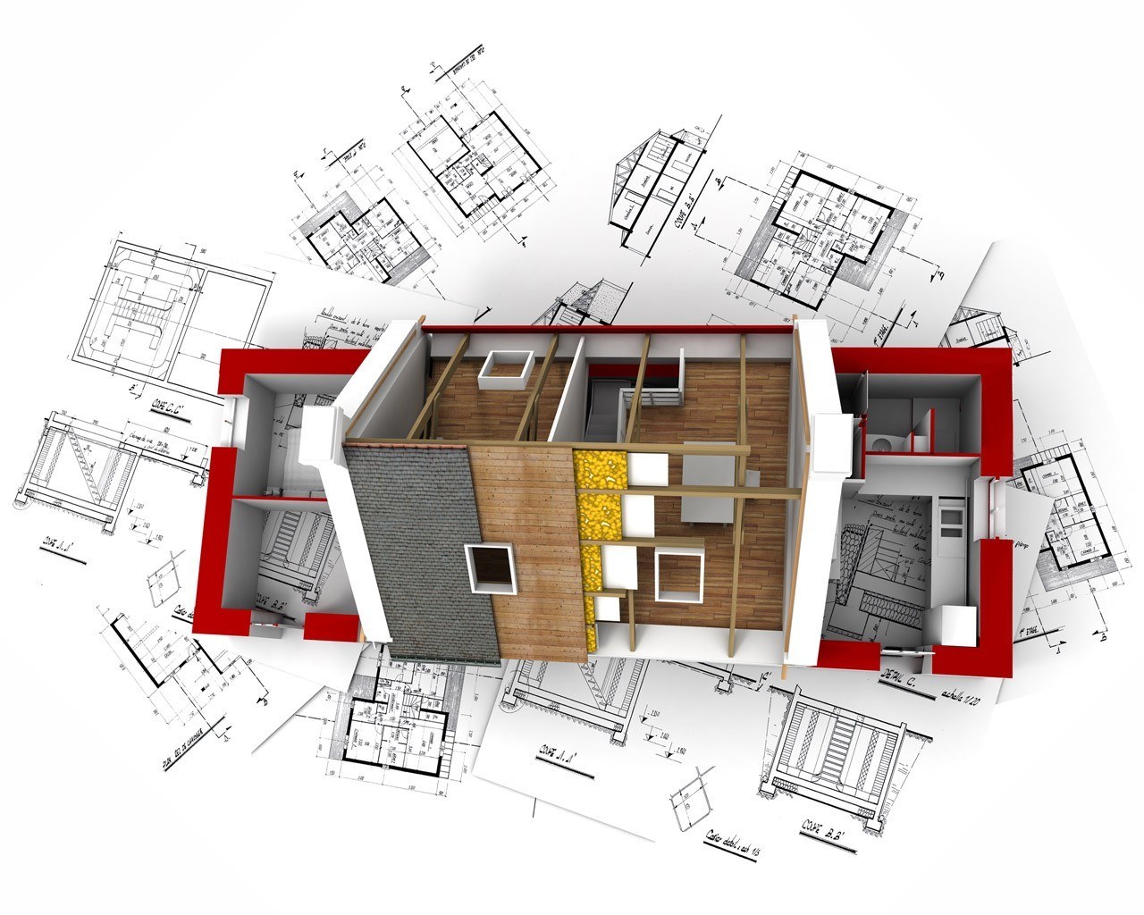 3D architectural model with blueprints