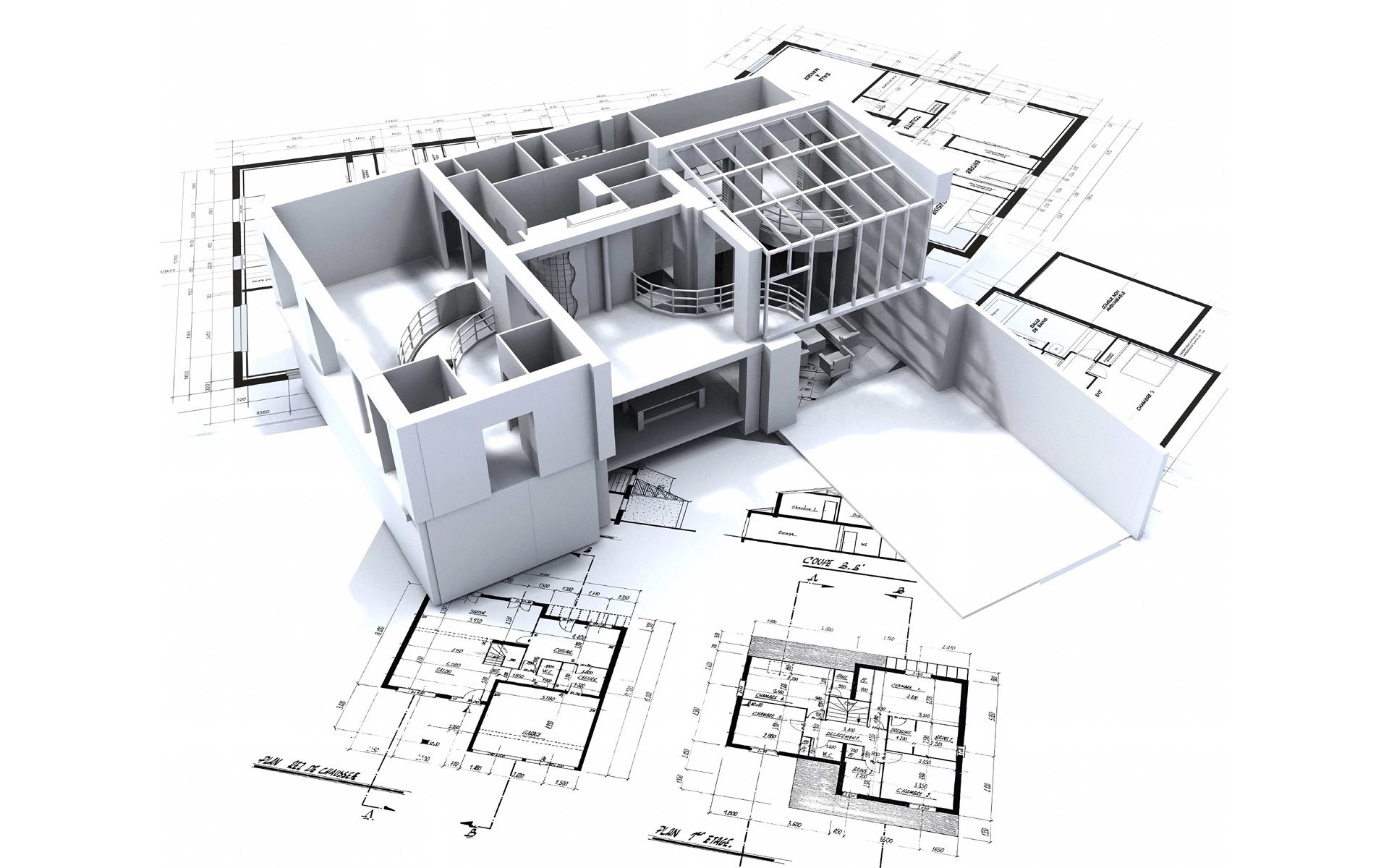 3D architectural model with blueprints