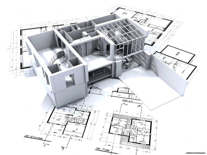 3D architectural model with blueprints