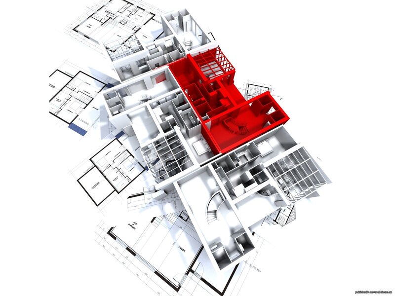 3D architectural model with red highlight