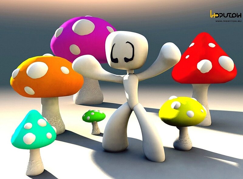 3D character with colorful mushrooms