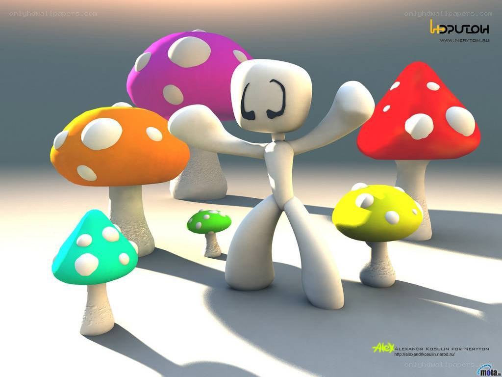 3D character with colorful mushrooms