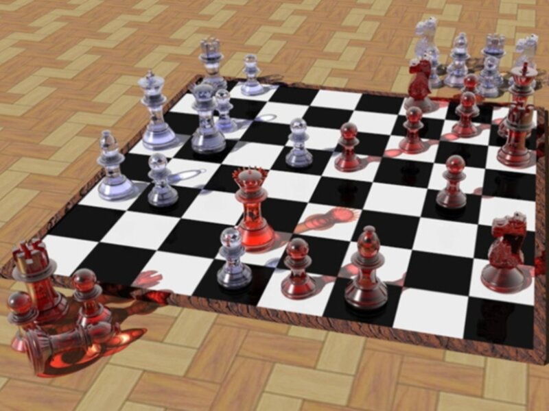 3D chess game on wooden floor
