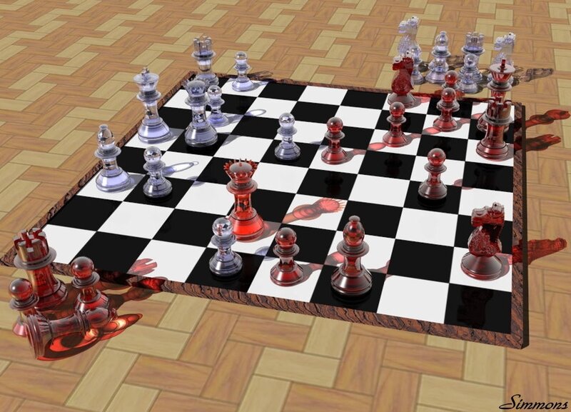 3D chess game with red and clear pieces