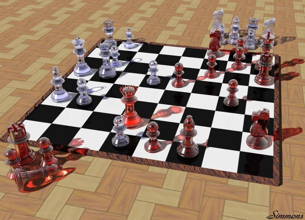 3D chess game with red and clear pieces