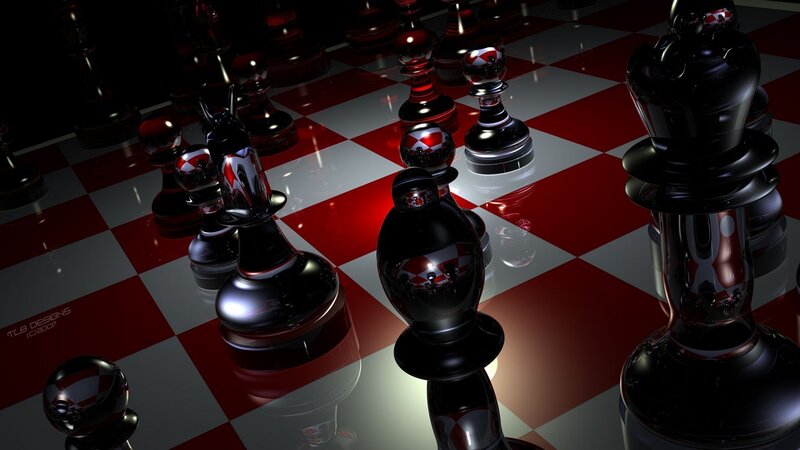 3D chess pieces on red and white board