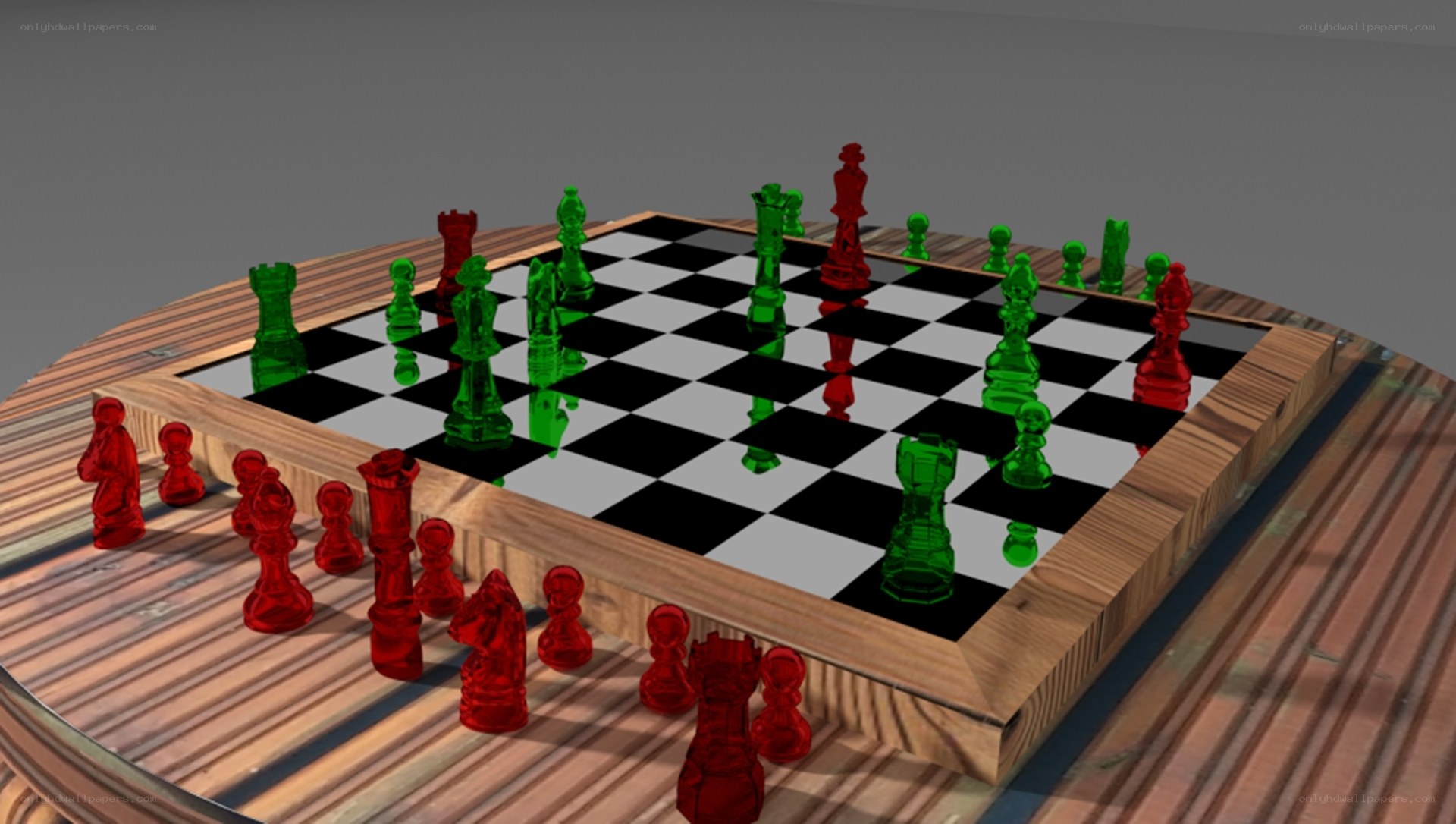 3D chess set on wooden board