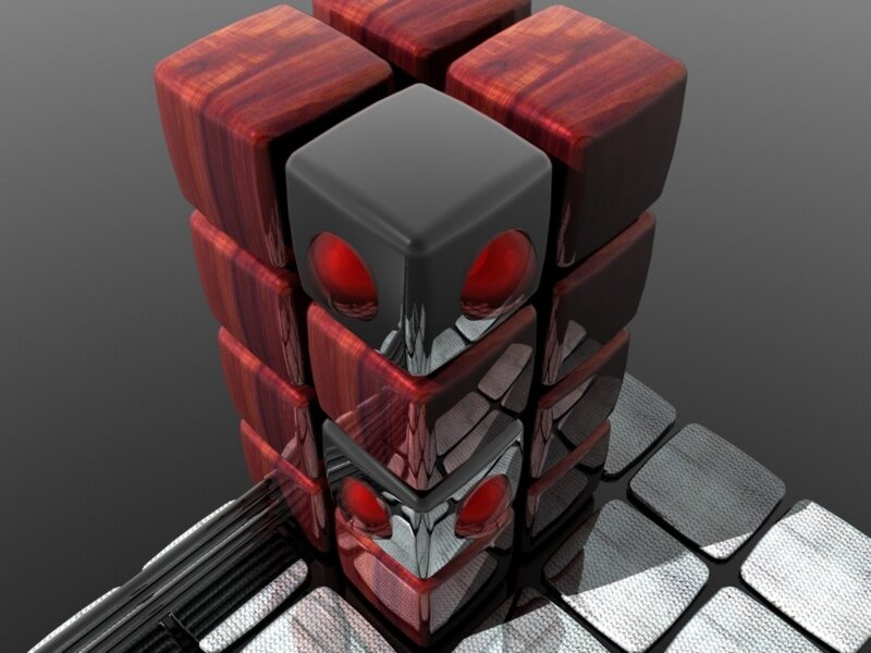 3D cube structure with red eyes