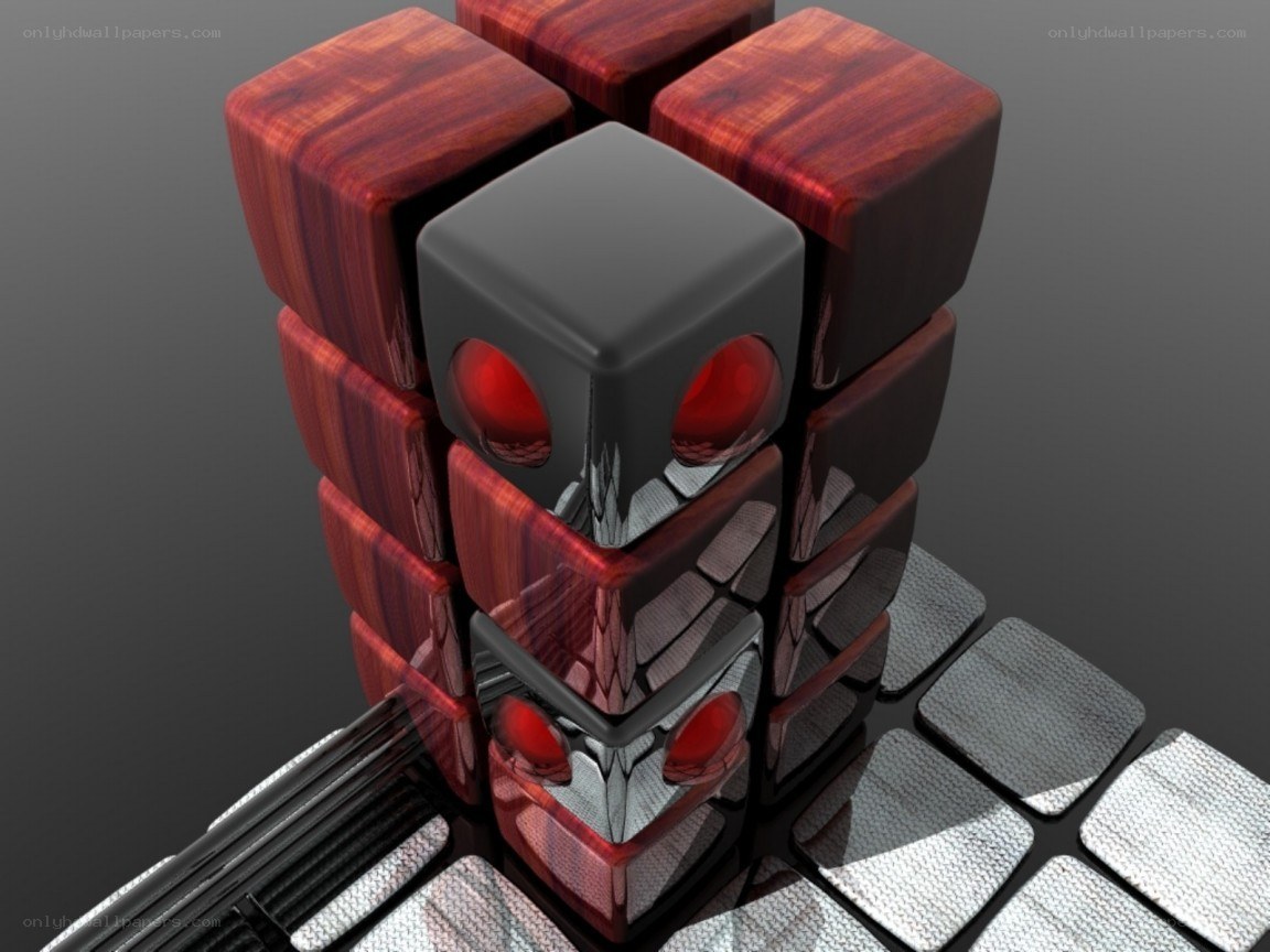 3D cube structure with red eyes