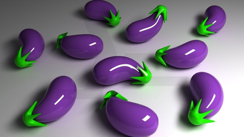 3D eggplants on gray surface