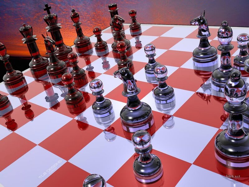 3D glass chess pieces on red board
