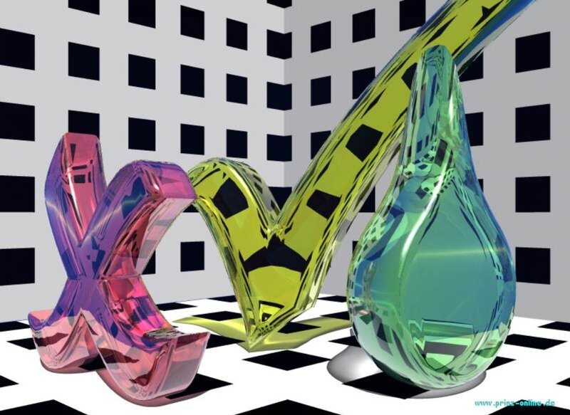 3D glass symbols on checkered floor