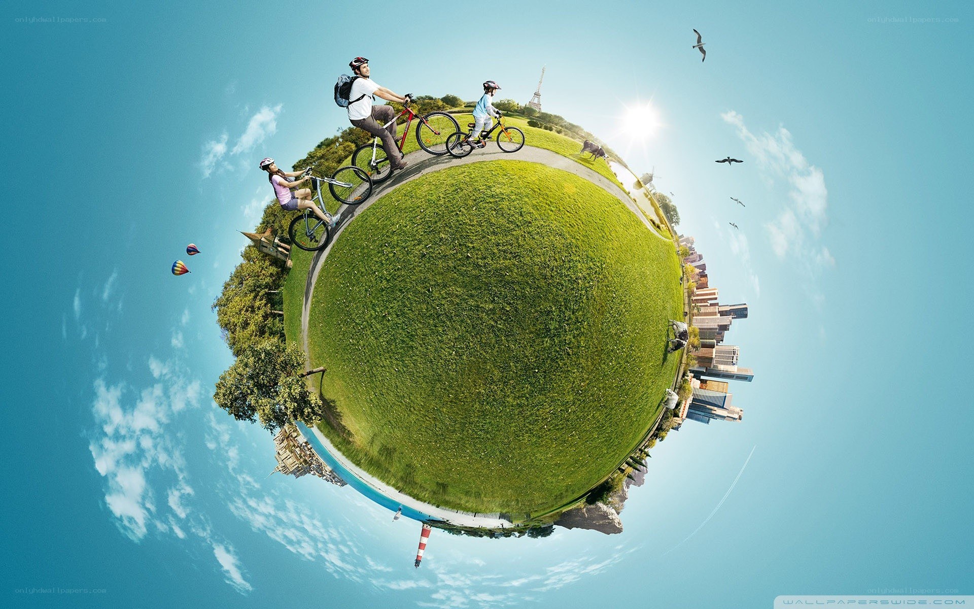 3D globe with cyclists and landmarks