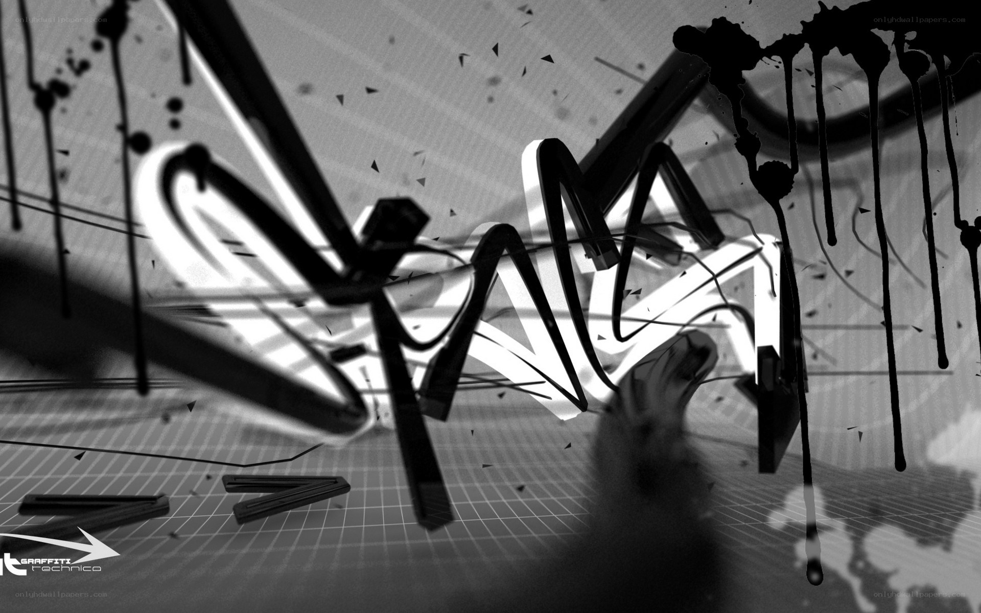 3D graffiti art with ink splatters