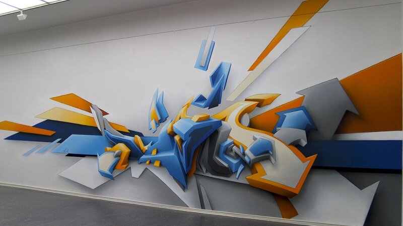 3D Graffiti Mural — Blue, Dynamic, Digital Art, Wall