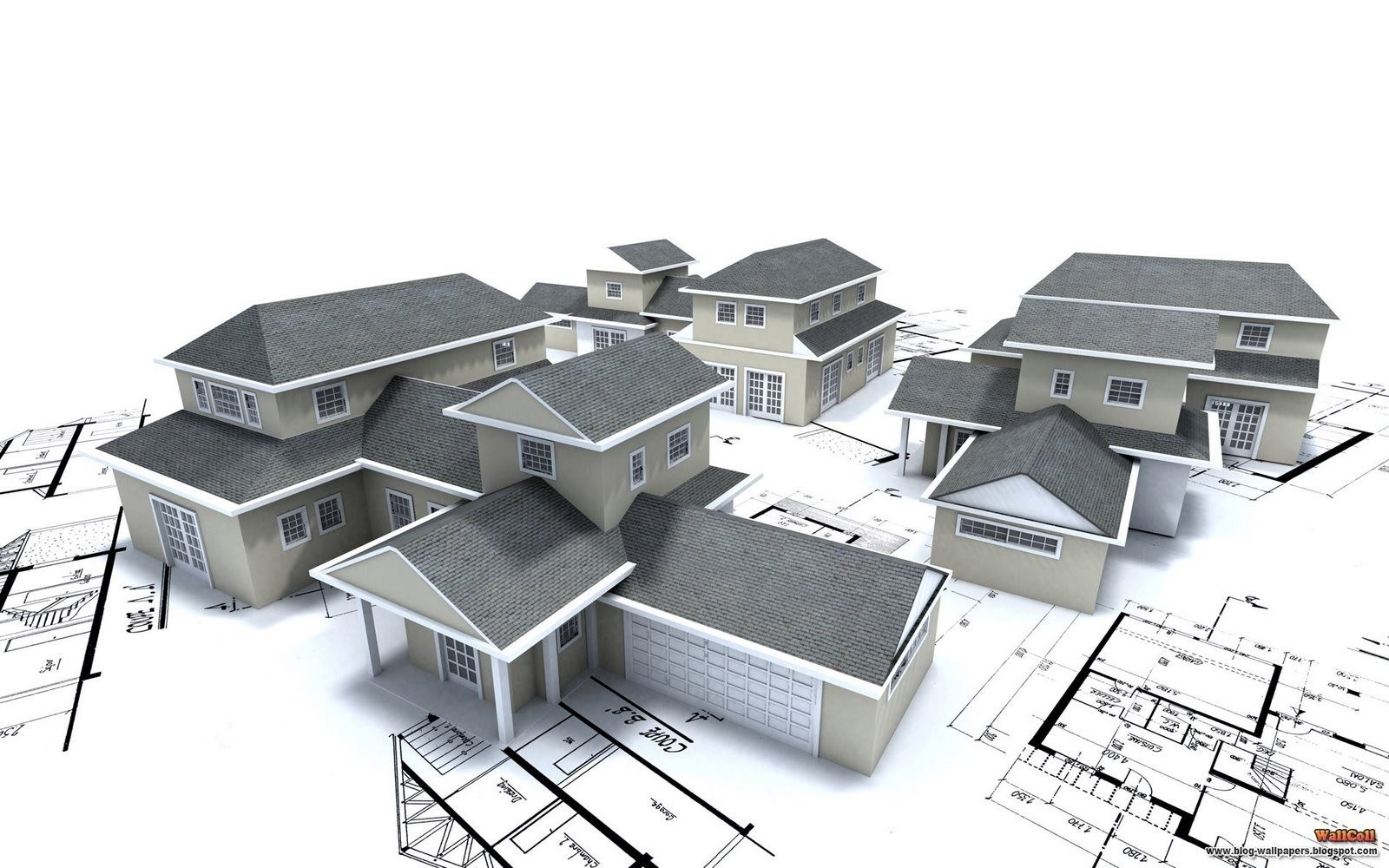 3D house models on blueprints