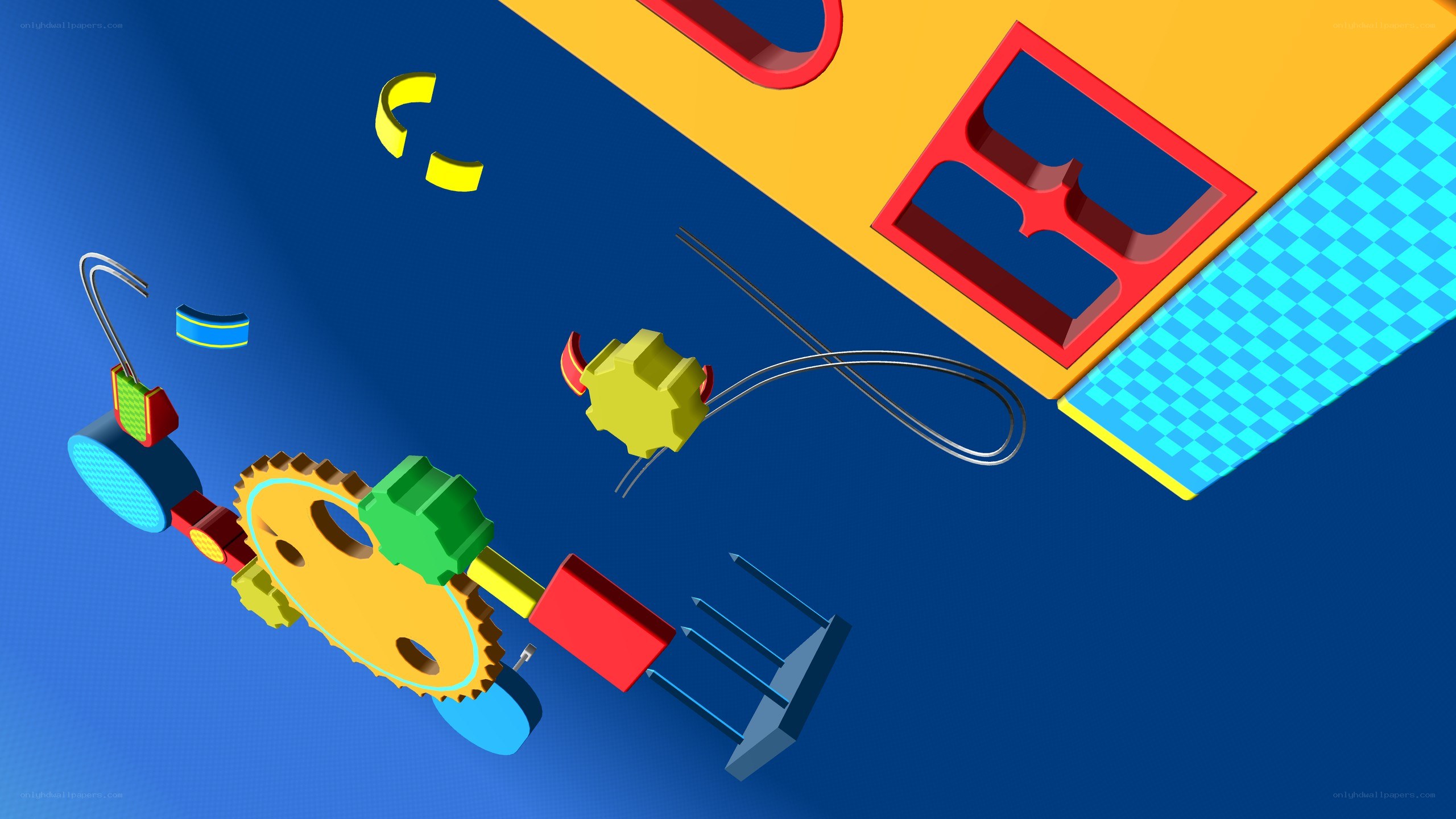 3D mechanical parts on blue
