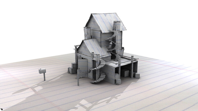 3D model of a house on lined paper