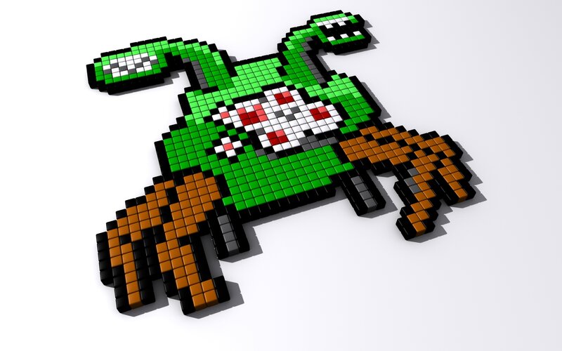 3D pixel art of a green alien