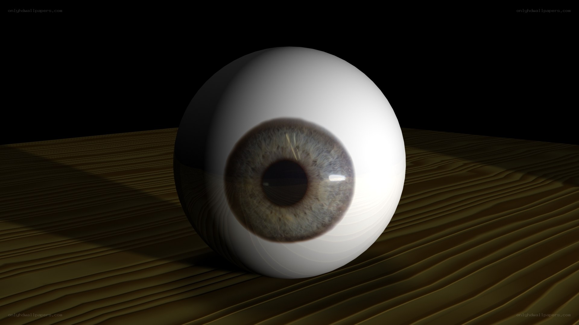 3D-rendered eyeball on wood