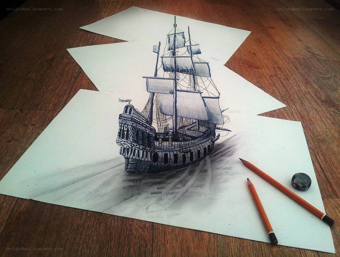 3D ship drawing on paper