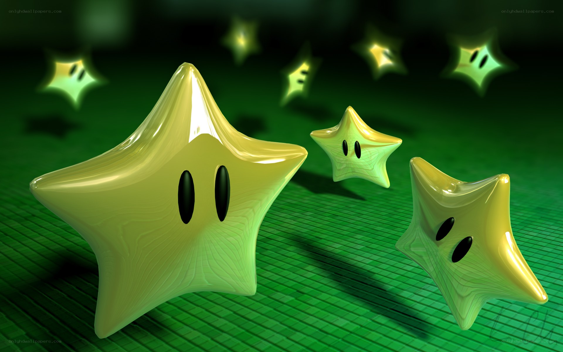 3D stars on green grid