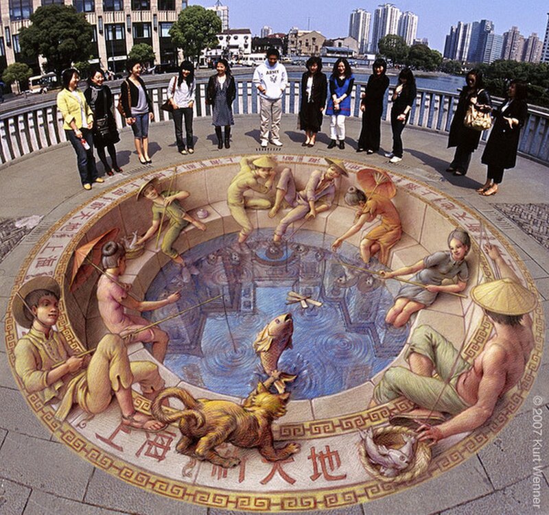 3D Street Art Illusion — Blue, Curious, Afternoon