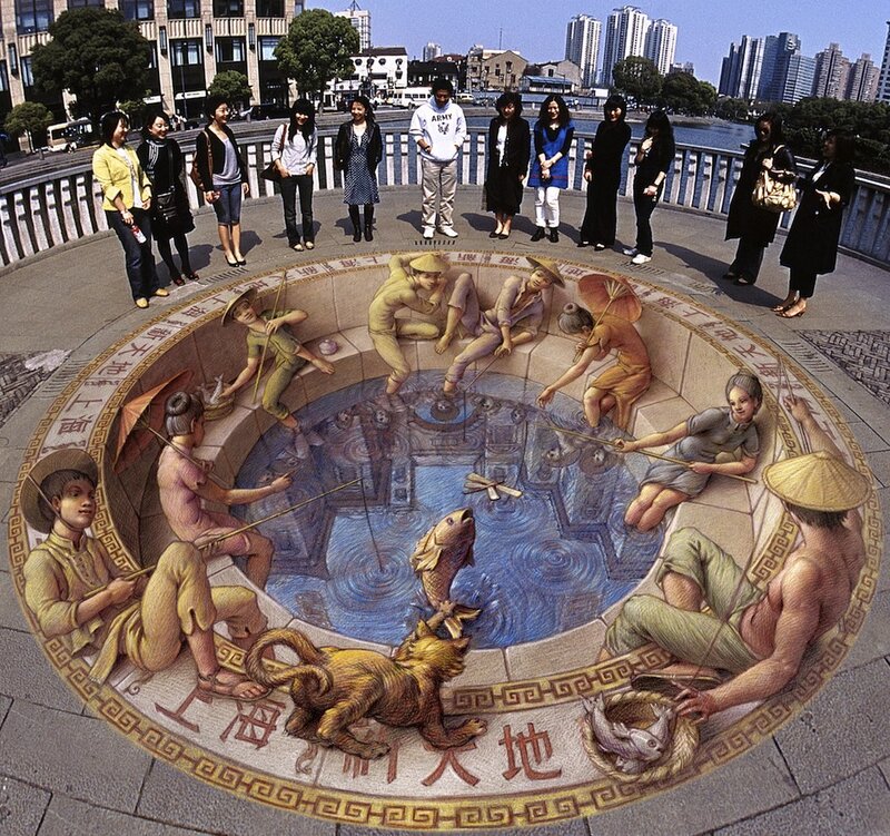 3D street art illusion of fishermen
